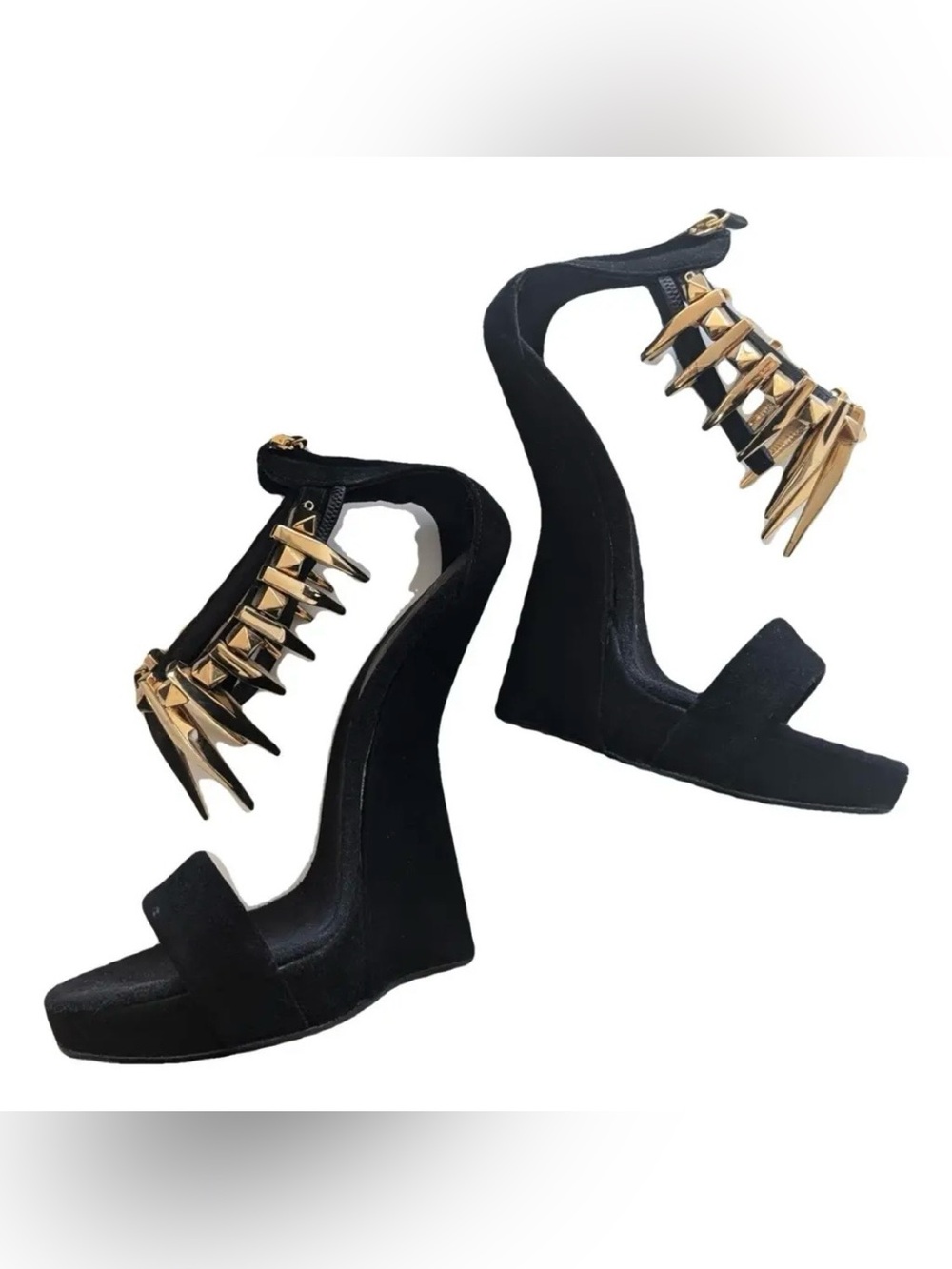 Giuseppe Zanotti Black Suede Platform Wedge Sandals w. Gold Spike Ankle Strap